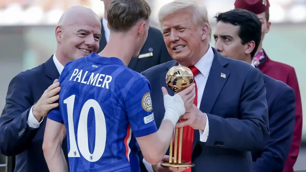President of USA, Donald Trump, handing Cole Palmer of Chelsea, the Best Player of the Tournament trophy