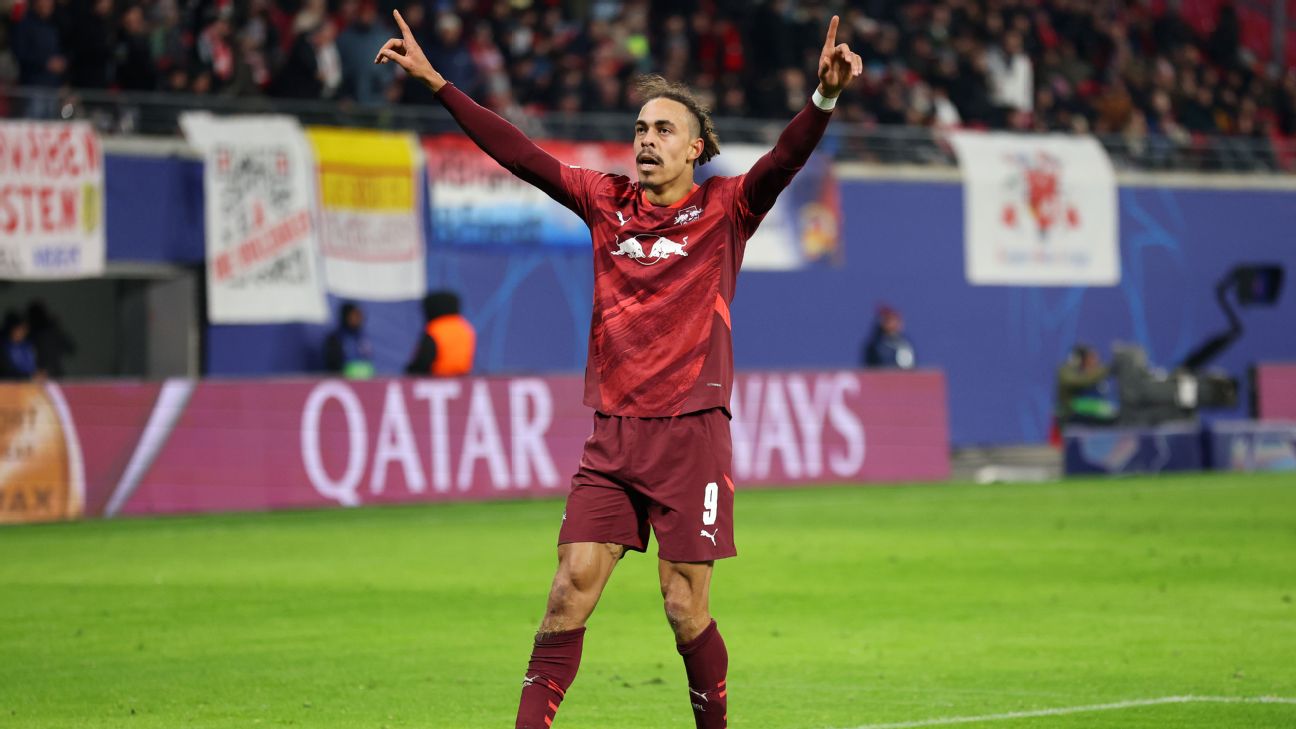 Youssuf Poulsen celebrating after scoring for former club RB Leipzig