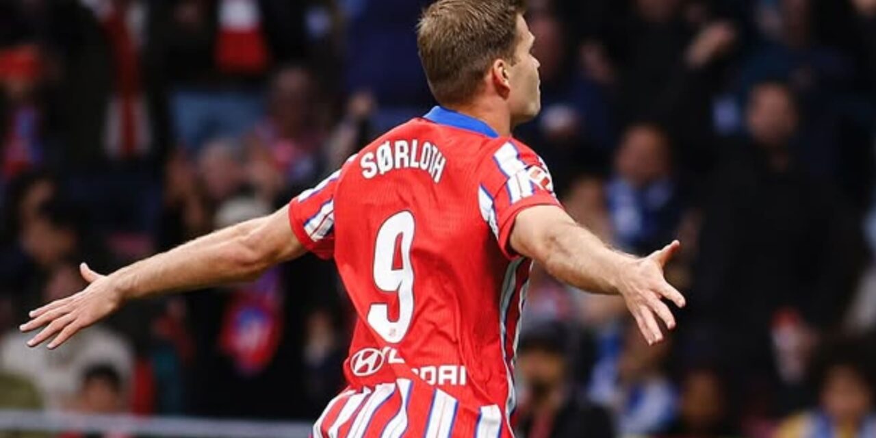 Atletico Madrid striker Alexander Sorltoth celebrates after scoring a goal