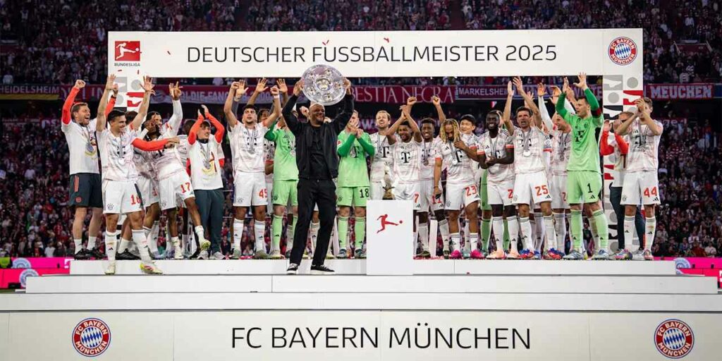Bayern Munich players celebrating with the 2025 Bundesliga title