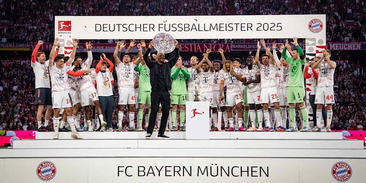 Bayern Munich players celebrating with the 2025 Bundesliga title