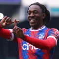 Crystal Palace midfielder Eberechi Eze with his typical celebration after scoring a goal