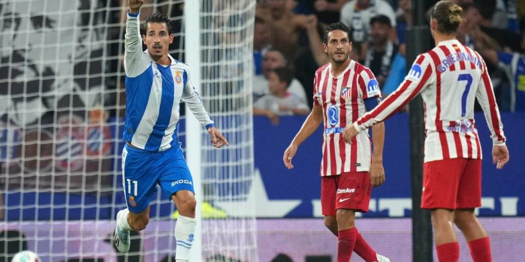 Pere Milla celebrates after just scoring for Espanyol against Atletico Madrid