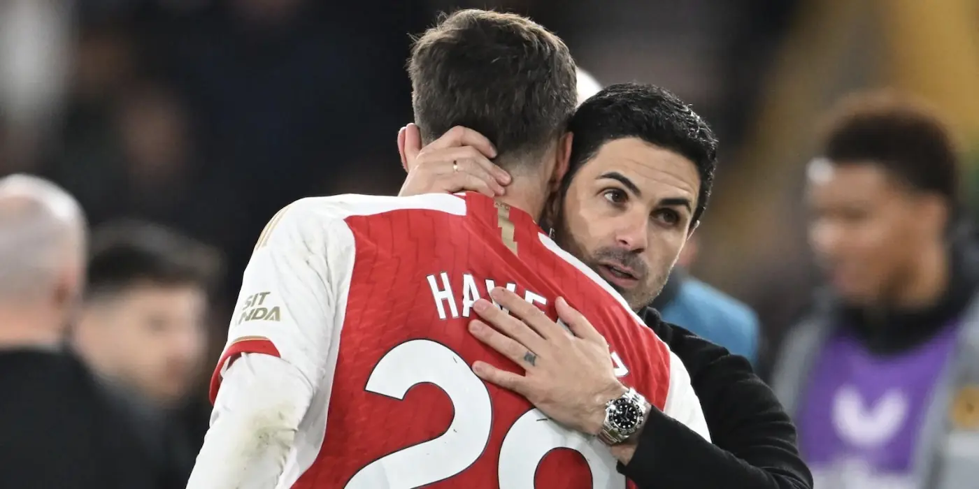 Mikel Arteta hugging Kai Havertz