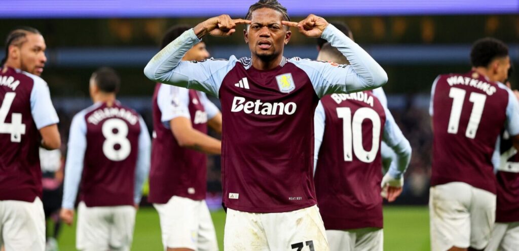 Leon Bailey celebrates after scoring a goal for Aston Villa