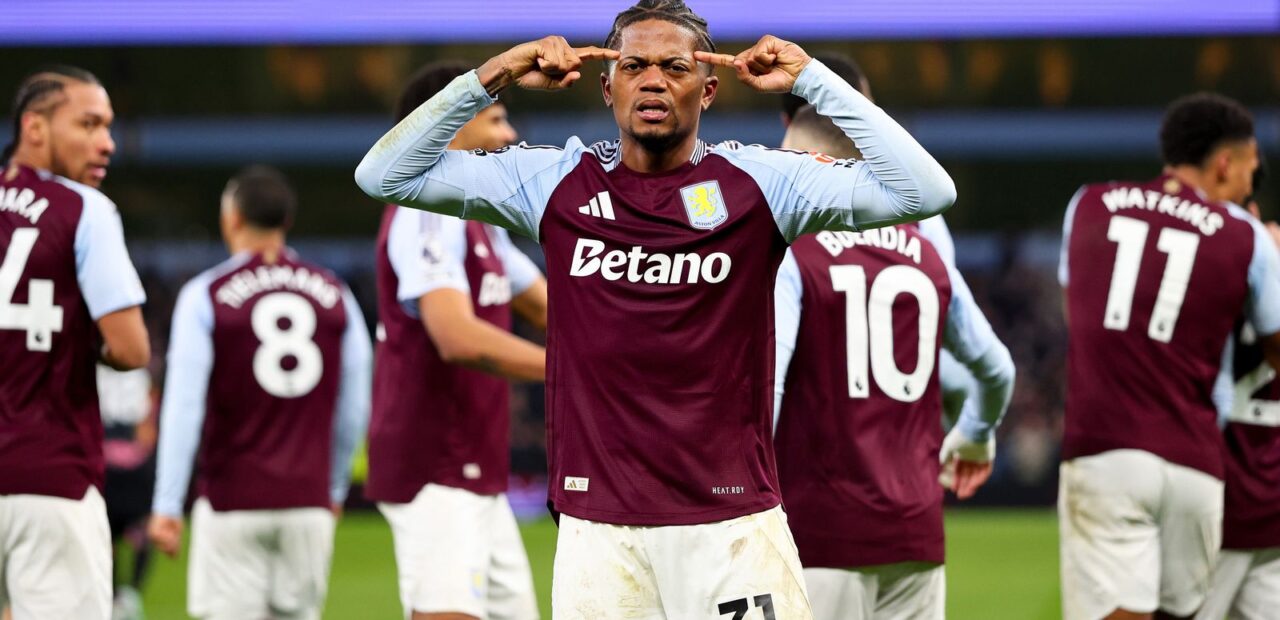 Leon Bailey celebrates after scoring a goal for Aston Villa