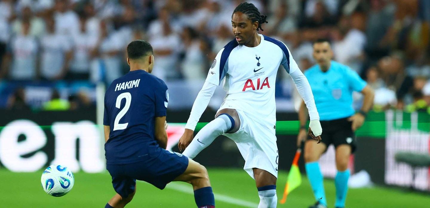 Mathys Tel and Achraf Hakimi during the UEFA Super Cup clash between Tottenham and PSG