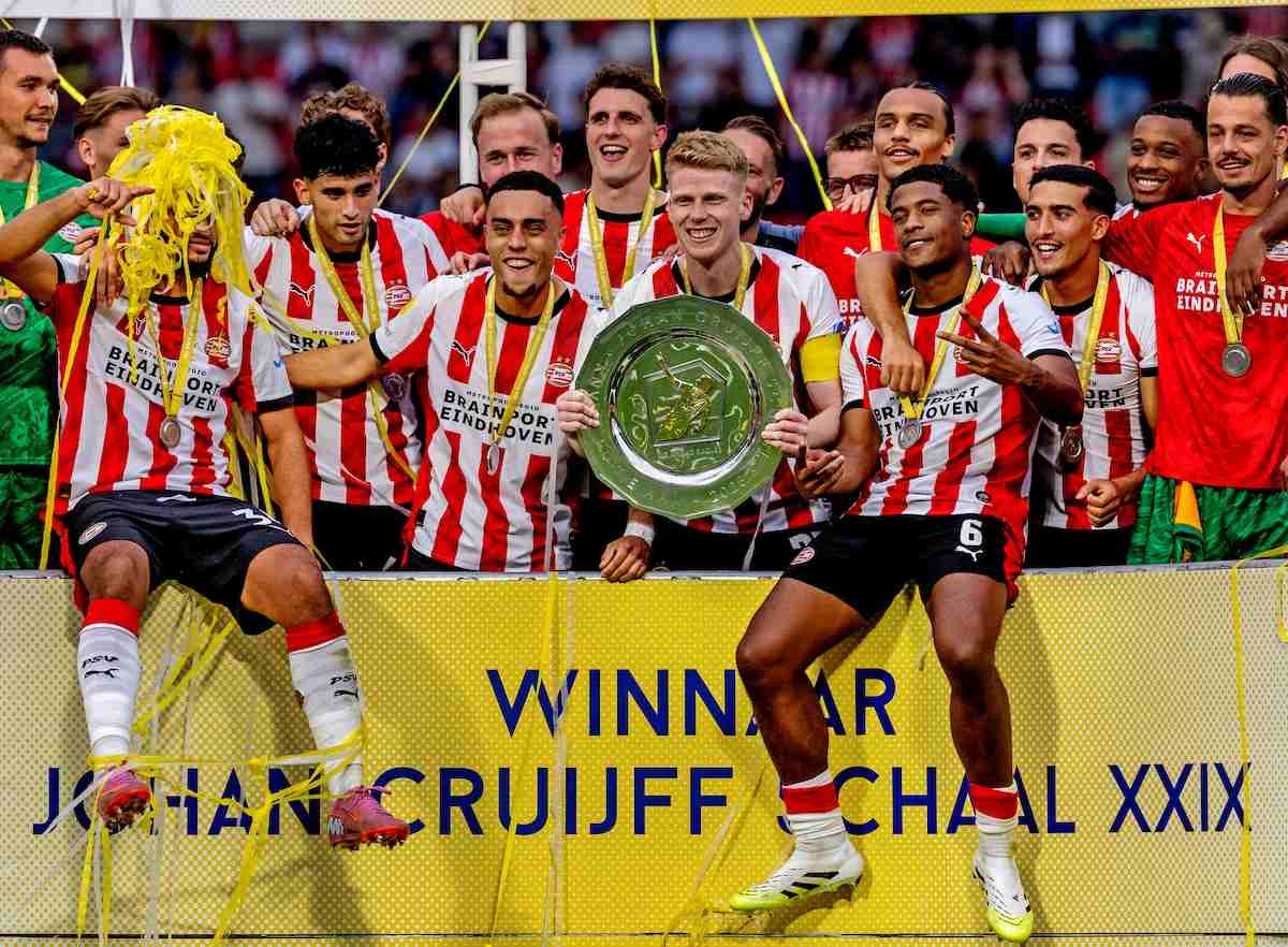 PSV players celebrating with the Yohan Cruyff Shield - Netherlands' Super Cup trophy