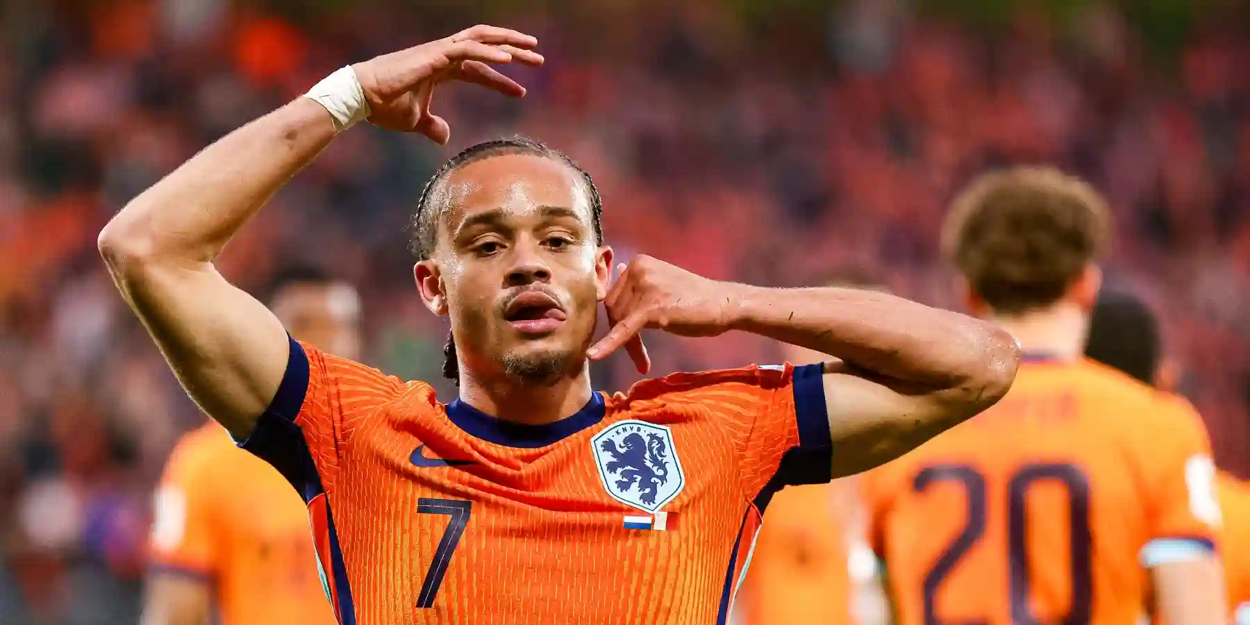 Xavi Simons celebrates after scoring for the Netherlands
