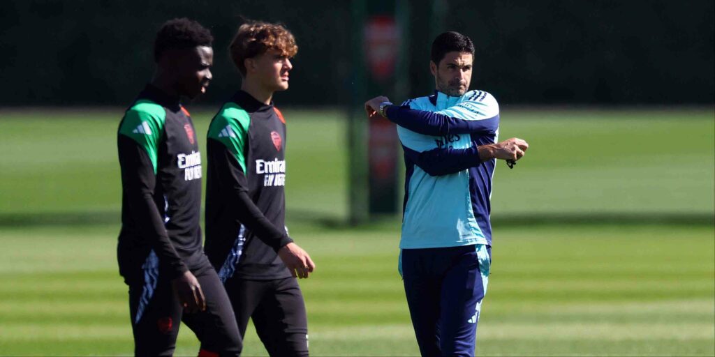 Mikel Arteta, Max Dowman, and Bukayo Saka in Arsenal training