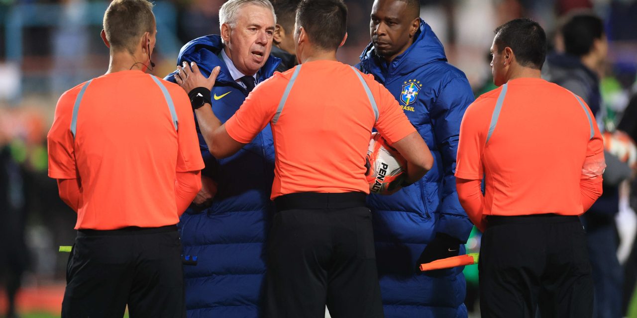 Carlo Ancelotti talking to the officials during Brazil's 1-0 loss to Bolivia