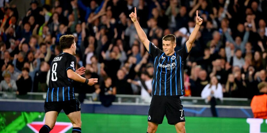 Nicolo Tresoldi celebrates after scoring against Monaco in the Champions League