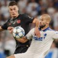 Patrik Schick in a duel with a Copenhagen player