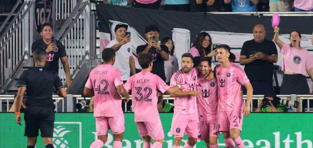 Inter Miami players celebrate after scoring a goal against Seattle Sounders