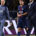 PSG midfielder Joao Neves walks off the field with an injury