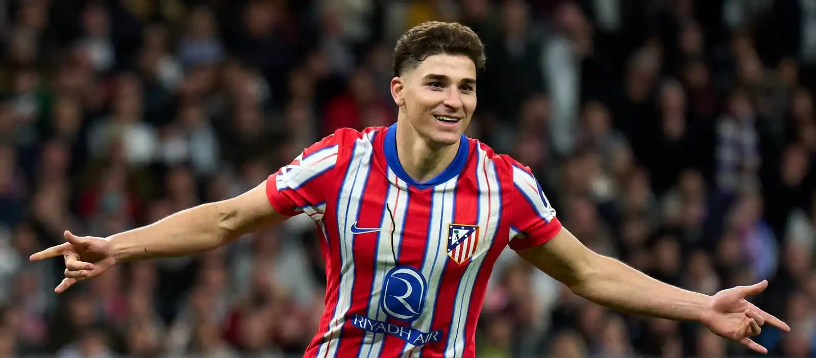 Julian Alvarez with his typical 'Spiderman' celebration