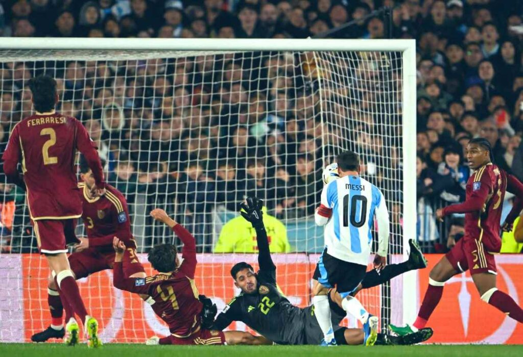 Leo Messi sending multiple Venezuela players to the ground before scoring