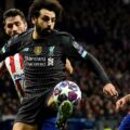 Mohamed Salah under pressure by Atletico Madrid players