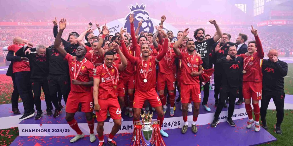 Liverpool celebrating their 2024/25 Premier League title