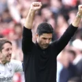 Arsenal manager Mikel Arteta with hands in the air