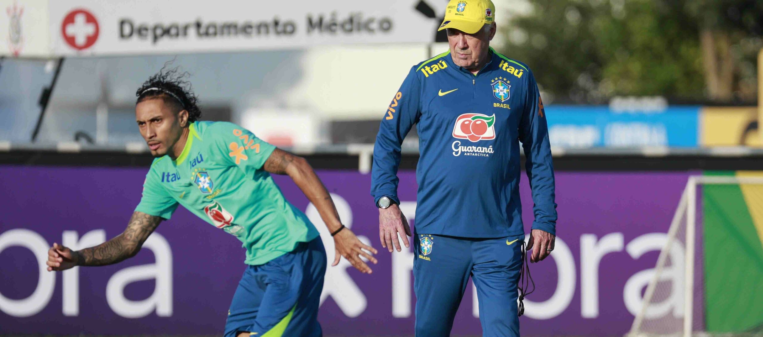 Raphinha and Carlo Ancelotti during Brazil training session