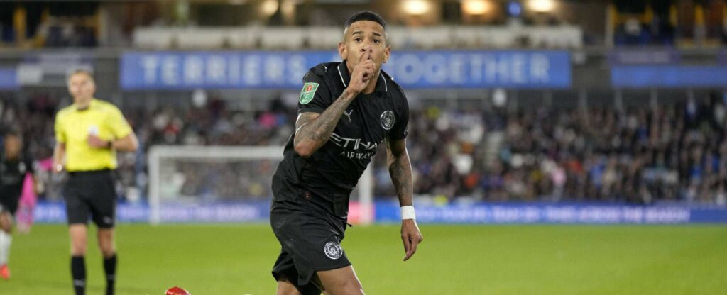 Savinho celebrates after scoring for Manchester City