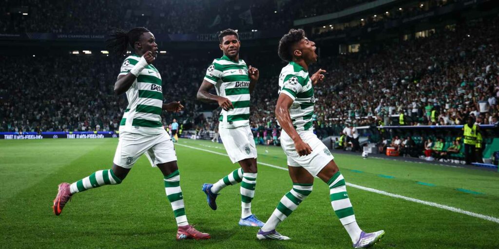 Sporting players celebrate after scoring against Kairat