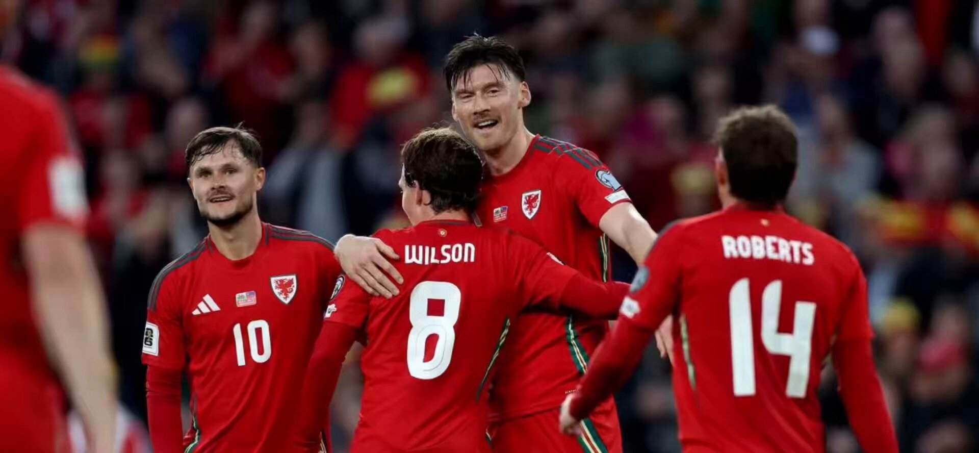 Players of the Wales national team celebrate after scoring a goal
