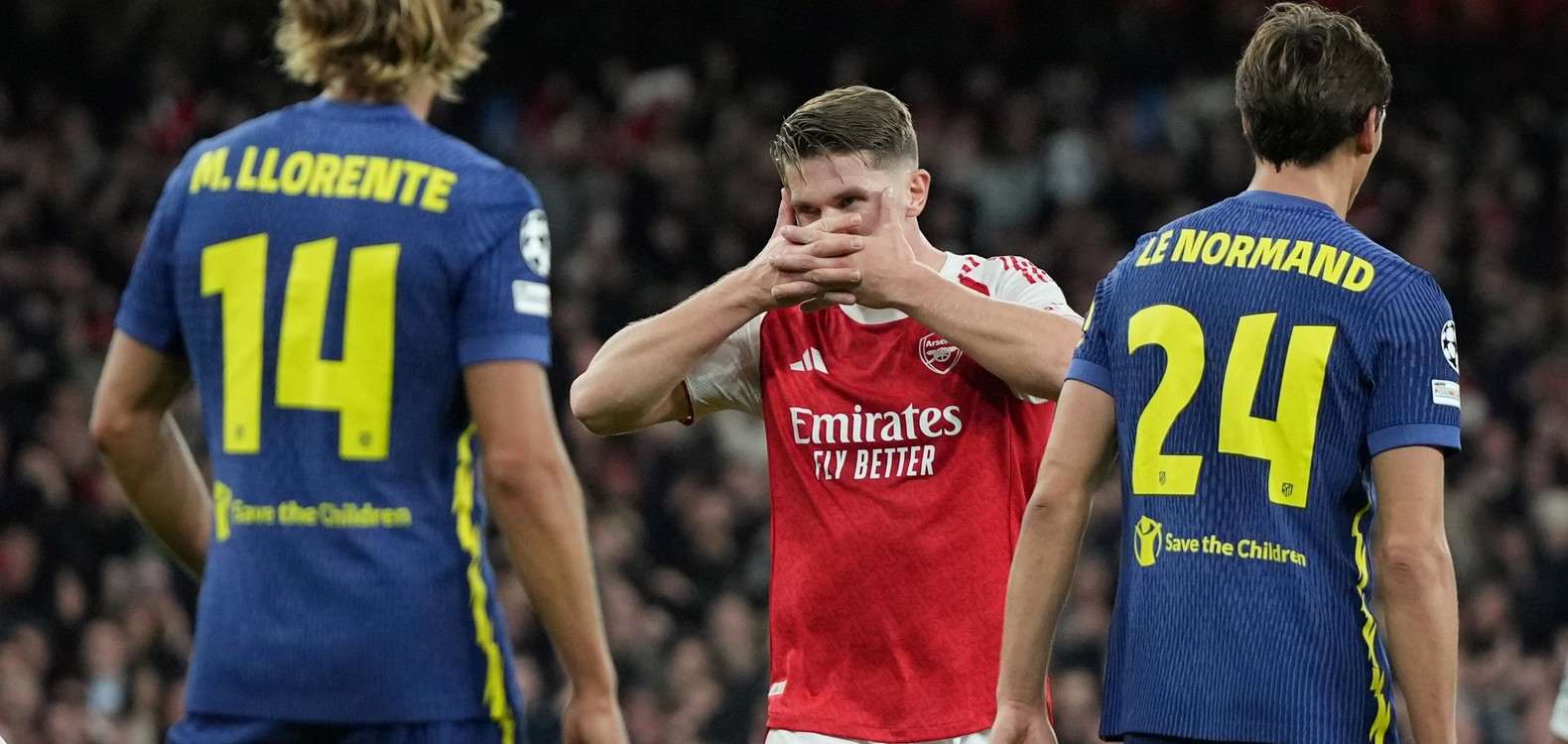 Viktor Gyokeres with his typical goal celebration after finding the back of the net against Atletico Madrid