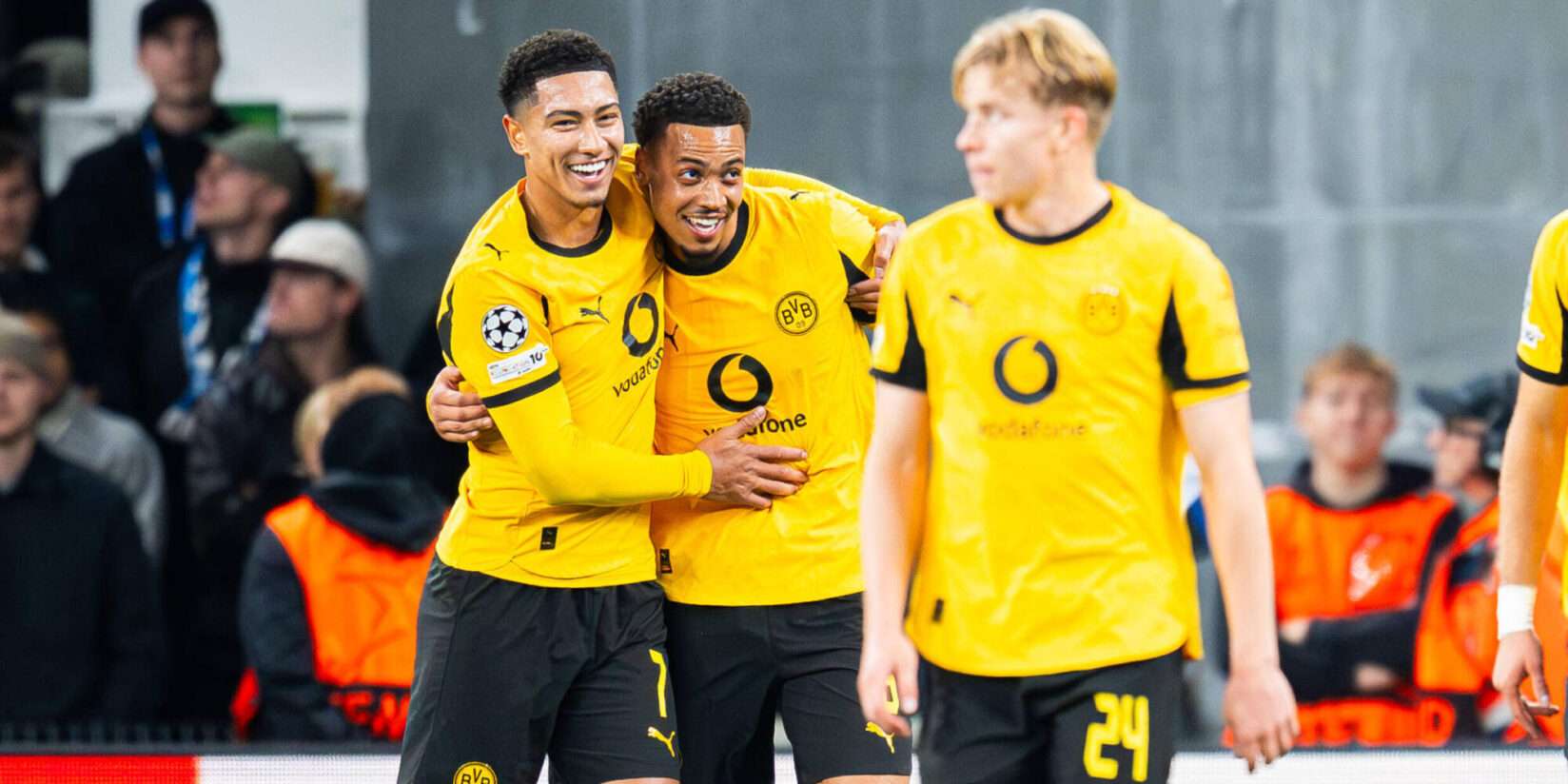 Borussia Dortmund players celebrate after scoring against Copenhagen