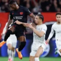 Moment of the Champions League clash between Bayer Leverkusen and PSV