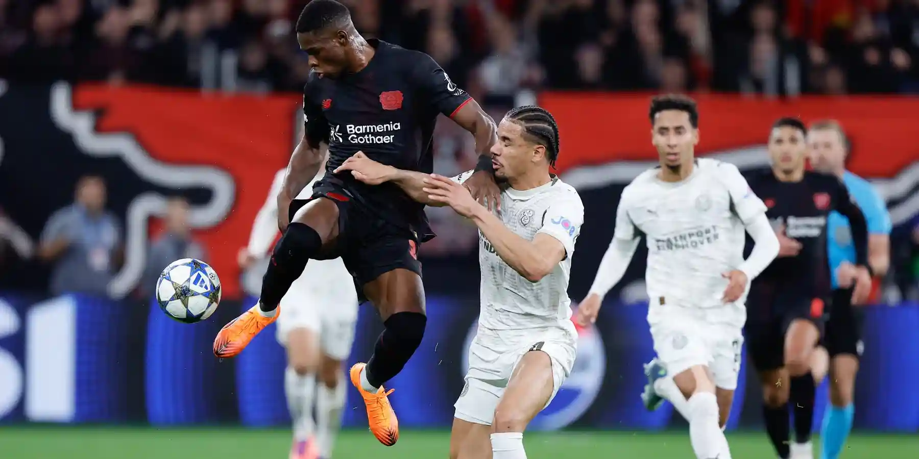 Moment of the Champions League clash between Bayer Leverkusen and PSV