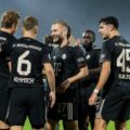 Bayern Munich players celebrate after scoring against Koln in DFB Pokal