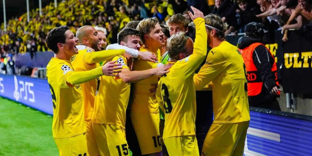 Bodo/Glimt players celebrate goal against Tottenham