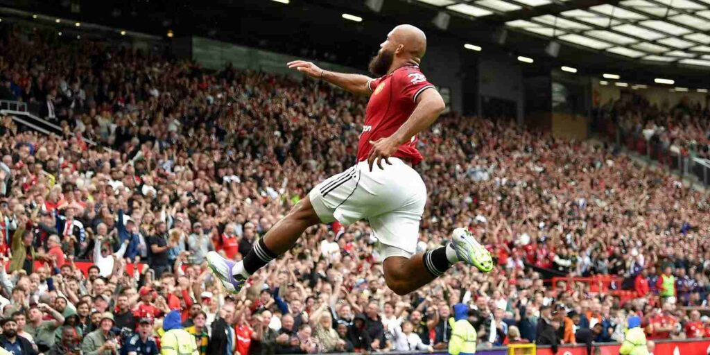 Bryan Mbeumo celebrates after scoring for Manchester United