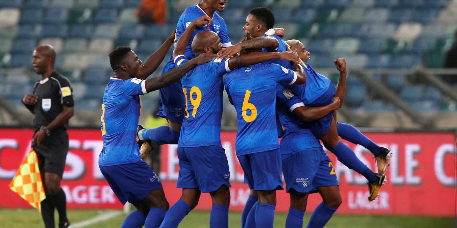 Cape Verde players celebrate after scoring against Eswatini