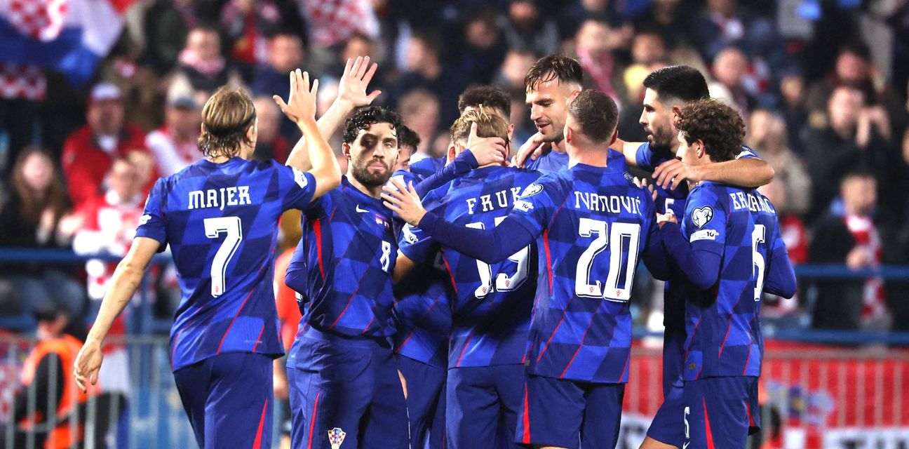 Croatia players celebrate after scoring against Gibraltar