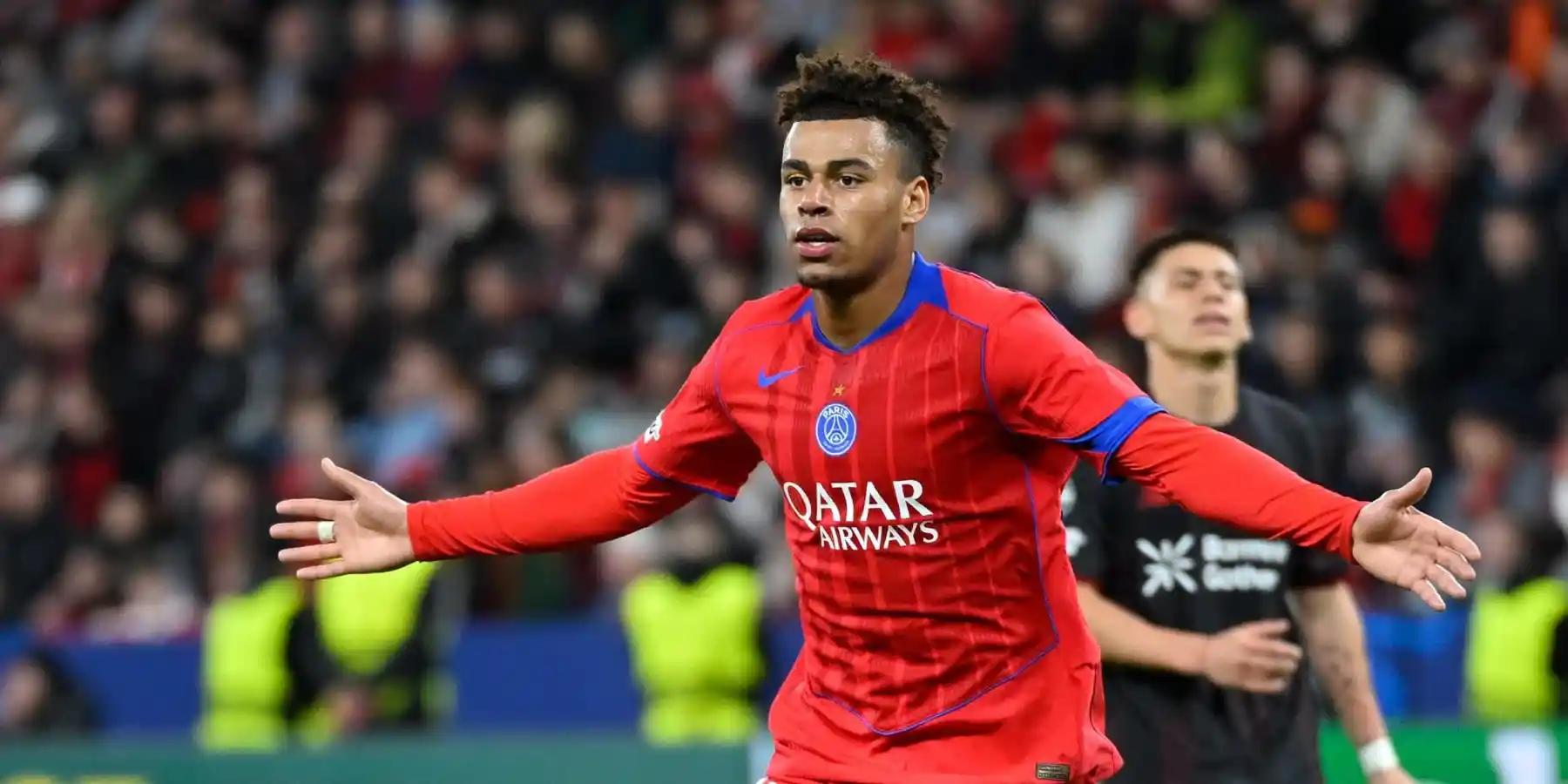 Desire Doue celebrates after scoring against Bayer Leverkusen