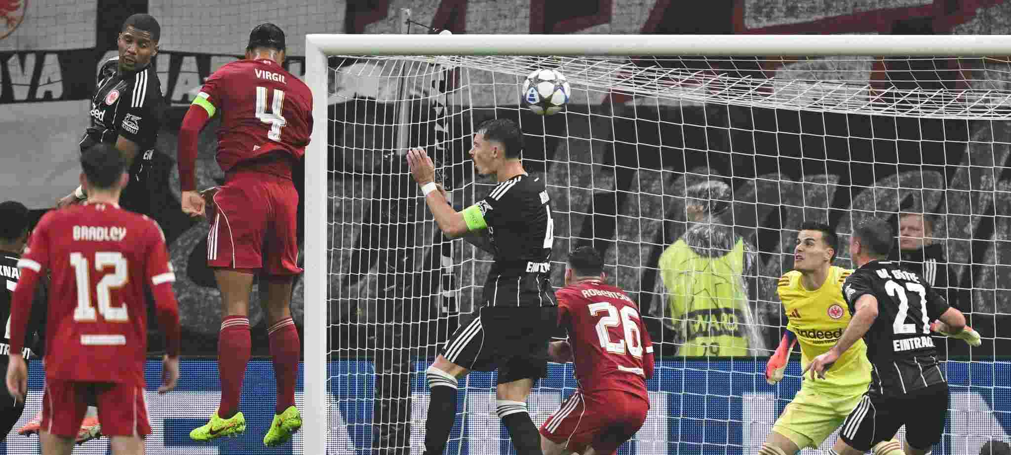 Virgil Van Dijk scores a header against Eintracht