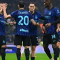 Inter players celebrate after scoring against Fiorentina