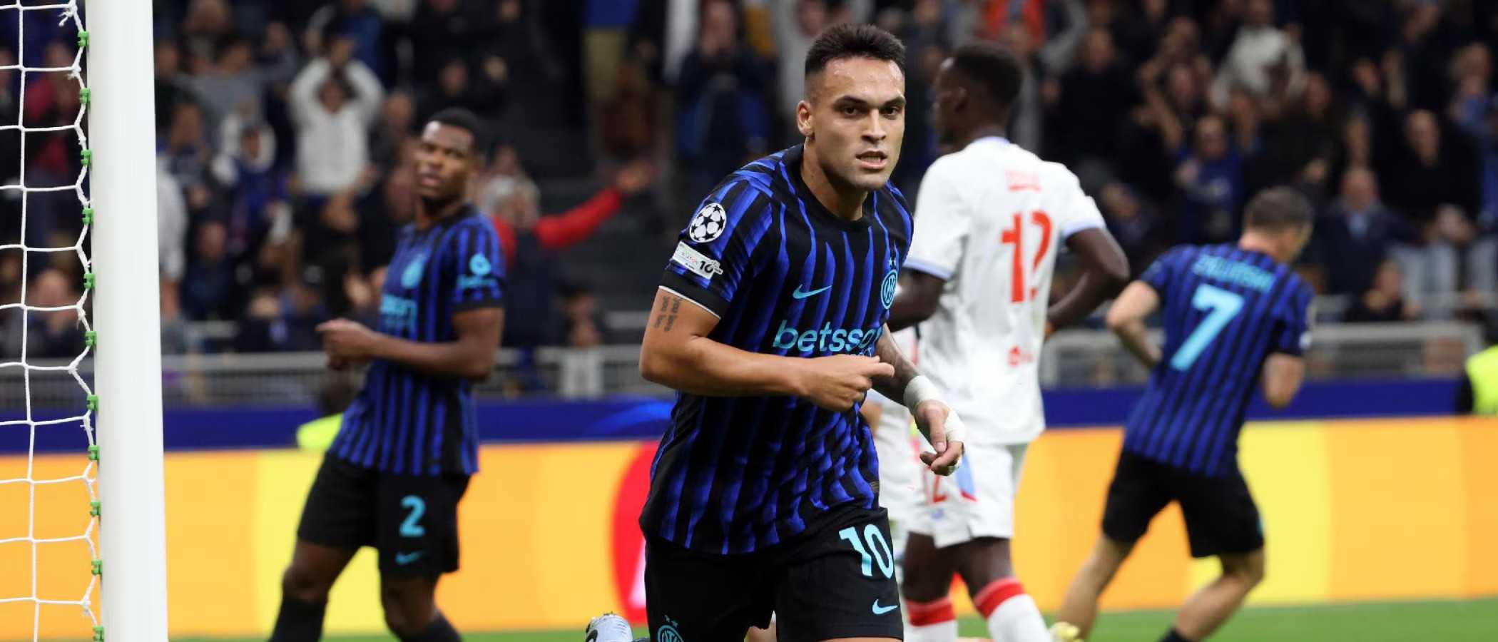 Lautaro Martinez celebrates after scoring against Slavia