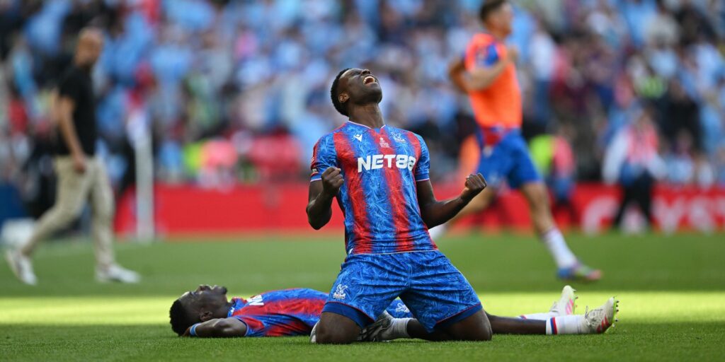 Marc Guehi triumphant on his knees