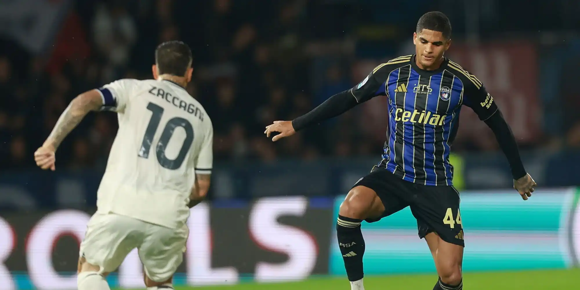 Pisa's Daniel Denoon against Mattia Zaccagni of Lazio