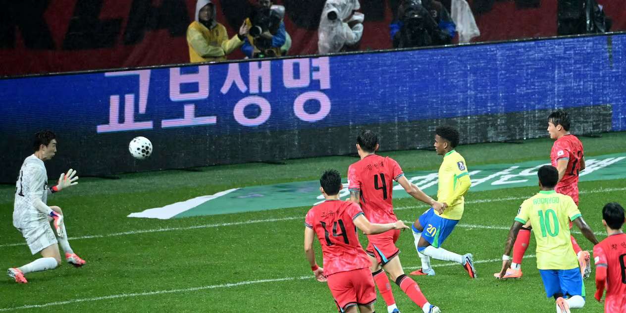 Estevao shoots towards South Korea's goal during a friendly match