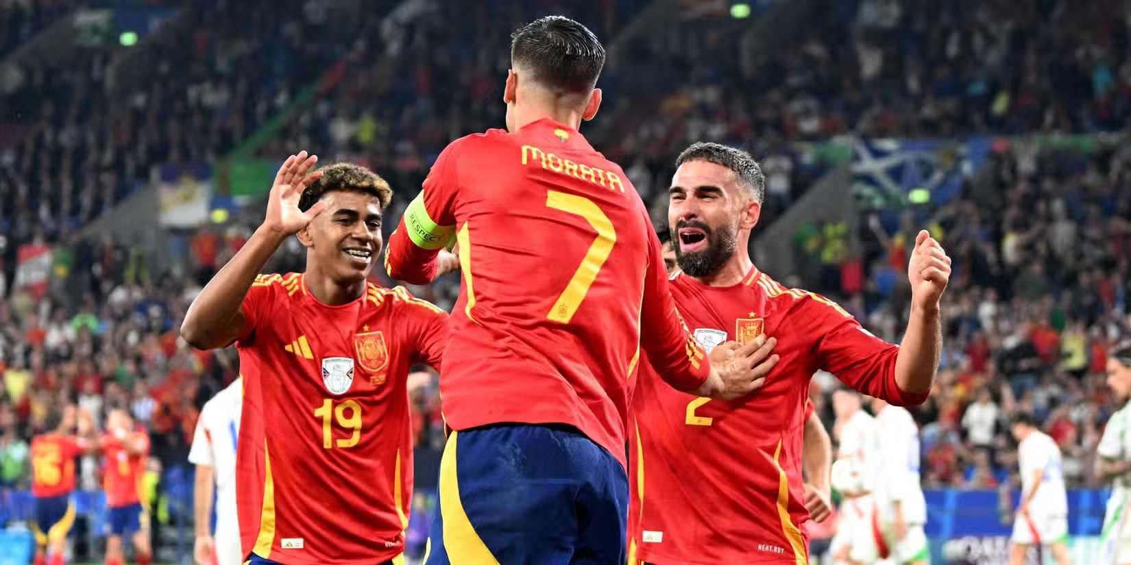 Alvaro Morata, Lamine Yamal, and Dani Carvajal celebrate Spain's goal