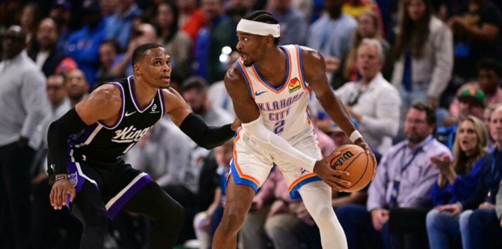 Russel Westbrook guarding Shai Gilgeous-Alexander