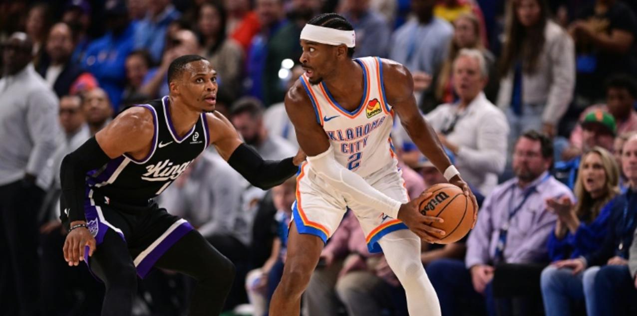 Russel Westbrook guarding Shai Gilgeous-Alexander