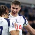 Tottenham teammates Micky Van de Ven and Xavi Simons celebrate after scoring a goal