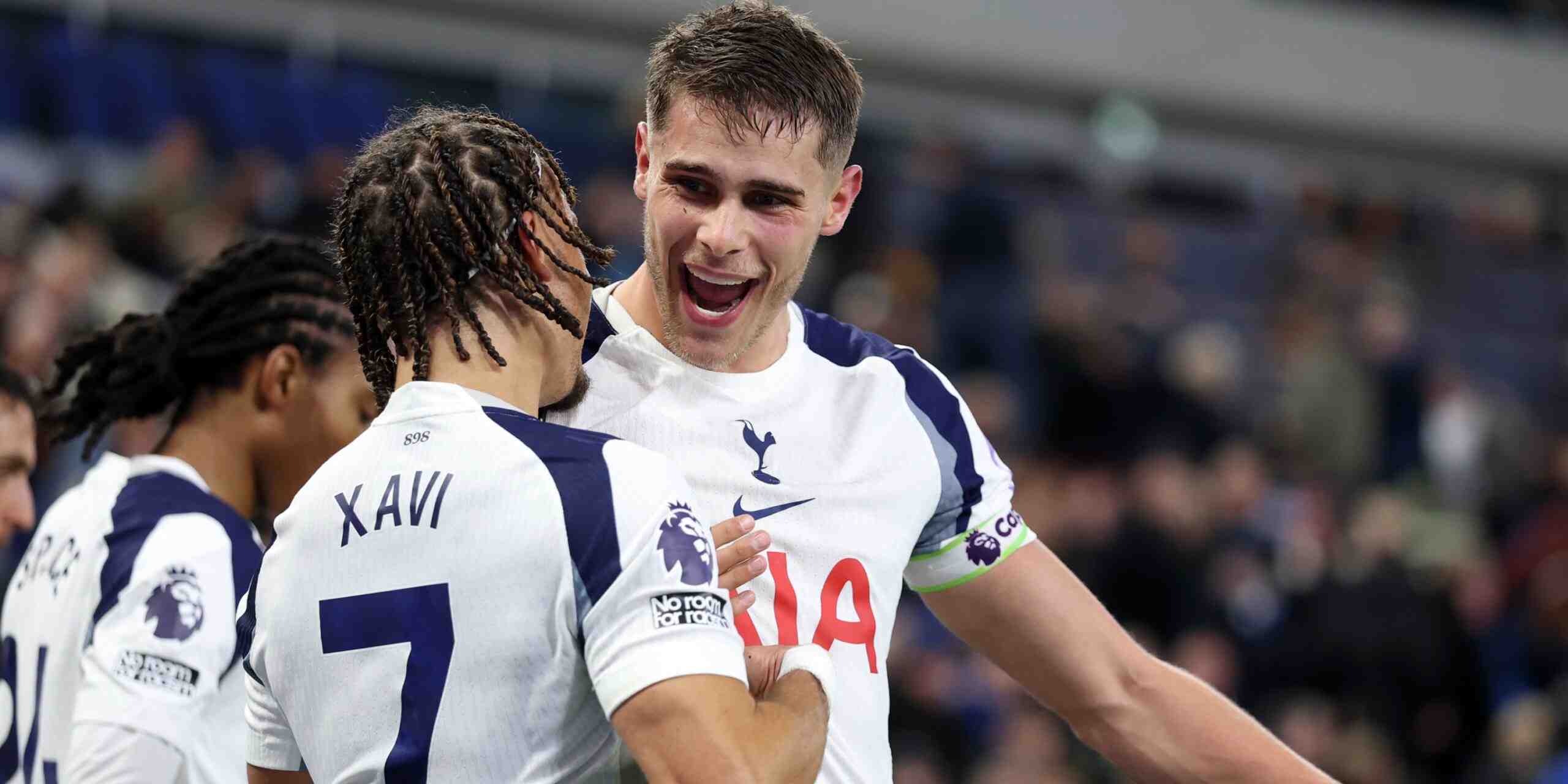 Tottenham teammates Micky Van de Ven and Xavi Simons celebrate after scoring a goal