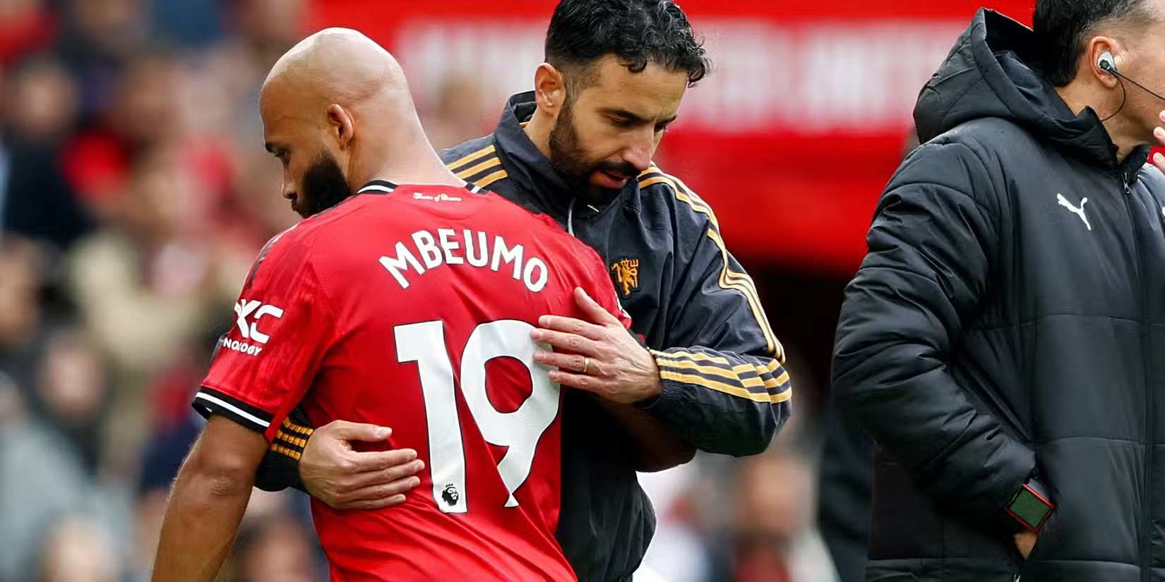 Ruben Amorim hugging Bryan Mbeumo